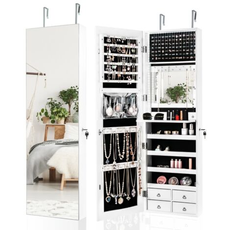Armoire à Bijoux Murale/à Suspendre LED 4 Tiroirs 4 Etagères et 1 Abattant Intégré pour Bijoux et Cosmétiques Blanc (1/5)