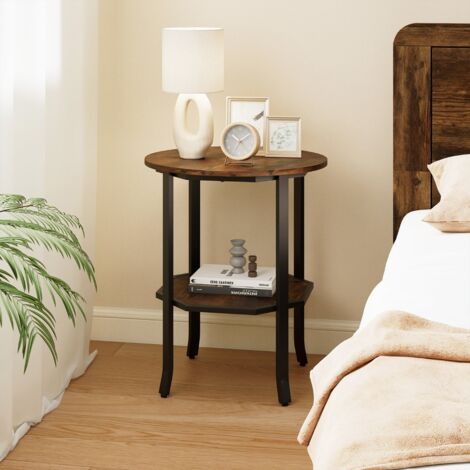 Table d'Appoint Ronde à 2 Niveaux Table Basse Industrielle avec Compartiment de Rangement avec Cadre en Métal Brun Rustique (1/5)