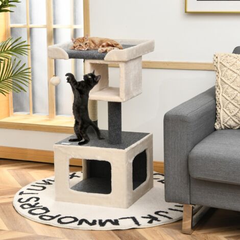 Arbre à Chat avec Poteau en Sisal et Balle en Peluche 42x42x80cm pour Jeux et Repos des Chats Charge Max 15KG Blanc+Gris (1/5)