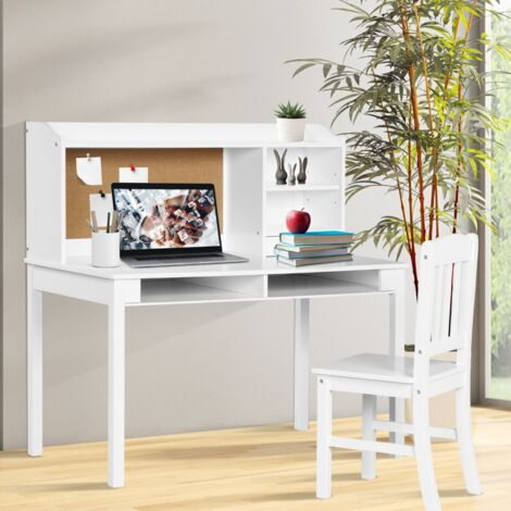 Ensemble Bureau et Chaise pour Enfant Bureau pour Enfant avec Chaise Plateau Tiroirs Étagères Tableau d'Affichage en Liège Station Blanc (1/5)