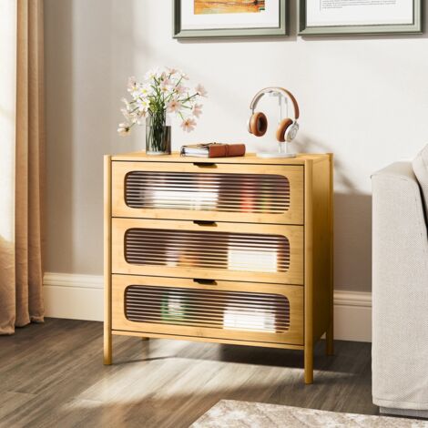 Commode à 3 Tiroirs Meuble de Rangement de Style Moderne du Milieu du Siècle avec Front en Verre Trempé Rayé Naturel (1/5)