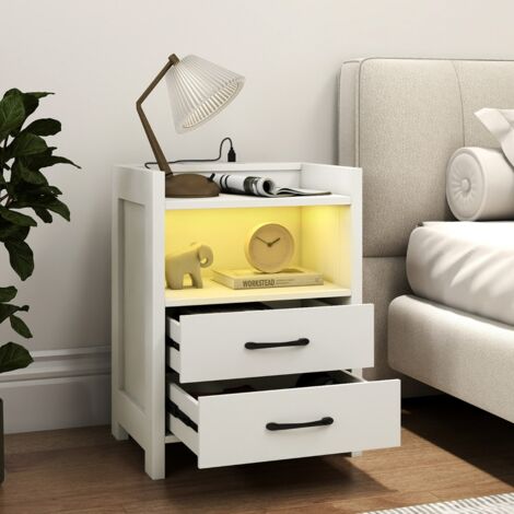 Table de Chevet avec Éclairage LED et Prises Électriques Table de Chevet avec 2 Tiroirs et Étagère Ouverte 45 x 35 x 60 CM Blanc (1/5)