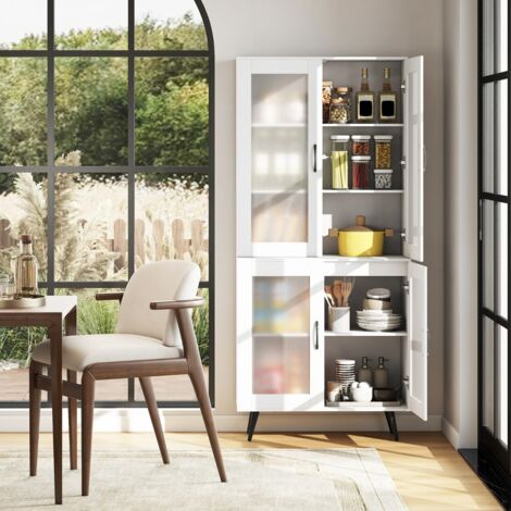 Buffet de 178,5cm de Haut avec 4 Portes Transparentes Étagère Réglable Buffet Indépendant avec Pieds en Métal Blanc (1/5)