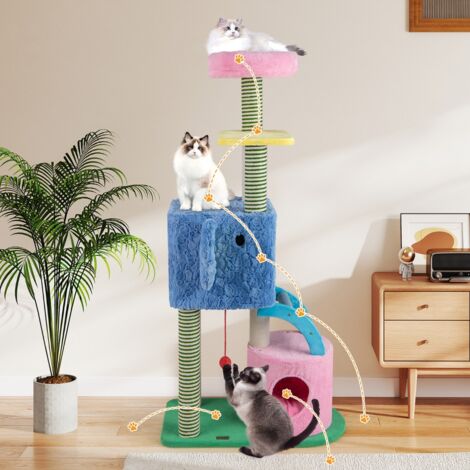 Arbre à Chat Éléphant avec 2 Grottes Coussin de Repos Poteau à Gratter et Échelle Tour à Chat à Plusieurs Niveaux Bleu (1/5)