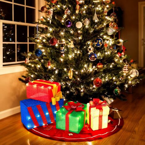 Ensemble de 4 Boîtes Cadeaux Illuminées de Noël Boîtes Cadeaux Lumineuses avec Nœuds 52 Lumières LED Affichage Empilé/Séparé Multicolore (1/5)