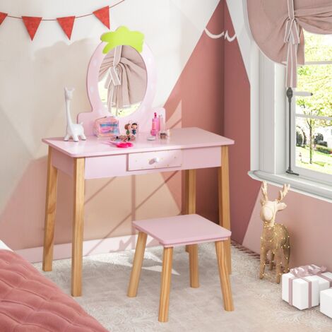 Coiffeuse Enfant Miroir Amovible avec Tabouret Peigne et Tiroir en Bois d'Eucalyptus et MDF Rose pour Fille Maison Chic (1/5)