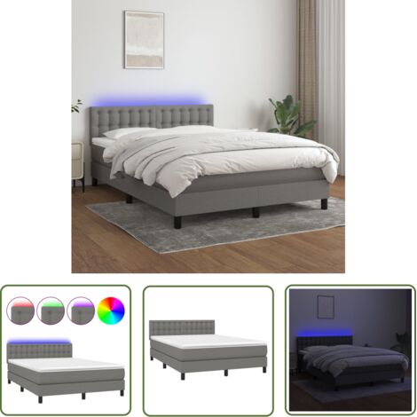 Cadre de lit LED avec sommier tête de lit matelas 140x200 cm tissu gris foncé TDL0208349 (1/5)
