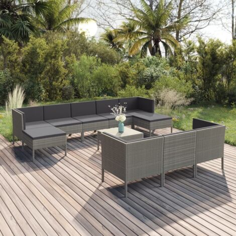 11 pcs Salon de jardin avec coussins Salon d'extérieur Ensemble Meuble de Jardin Mobilier d'Extérieur Résine tressée Gris XFNRX670252 (1/5)