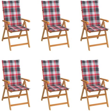 Lot de 6 Chaises de jardin Siège de Terrasse Fauteuil de jardin avec coussins à carreaux rouge Teck DHNET9964596 (1/5)
