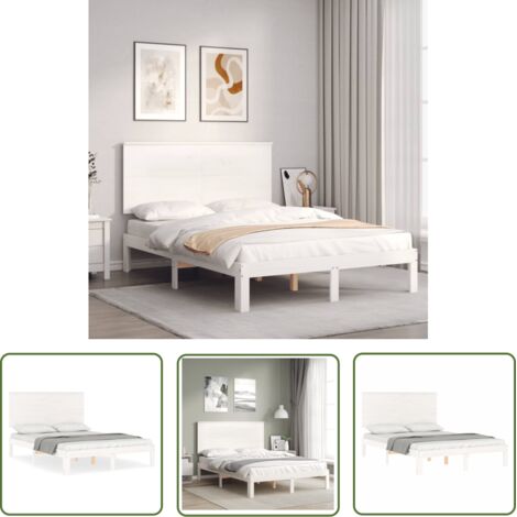 The Living Store Cadre de lit sans matelas blanc 140x190 cm bois de pin massif - Cadre De Lit - Lit Double - Lit En Bois - Lit Blanc - Meubles Chambre (1/5)