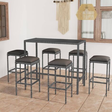 7 pcs Ensemble de bar de jardin Meuble de Jardin/bistro Ensemble table et chaises et coussins Résine tressée Gris DEJDX28145 (1/5)