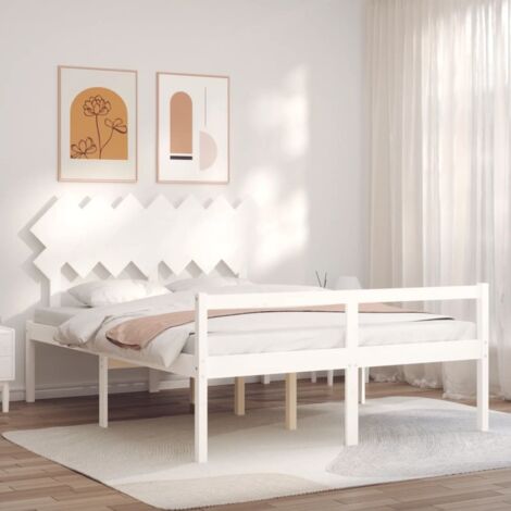 Lit adulte avec tête de lit, Lit double Cadre de lit blanc 140x190 cm bois massif MEMV317779 (1/5)