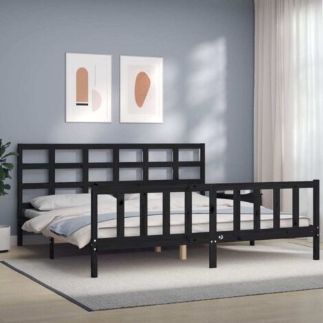 Lit adulte avec tête de lit， Lit double Cadre de lit noir 200x200 cm bois massif MEMV925037 (1/5)