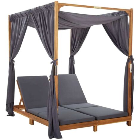 INLIFE Chaise longue double avec rideaux et coussins Bois d'acacia (1/5)