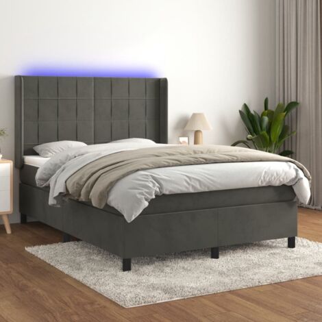 Lit Adulte - Sommier tapissier matelas et LED - Ensemble de lit tapissier - Chambre Intérieur - Gris foncé 140x190 cm Velours DETHB17646 (1/5)