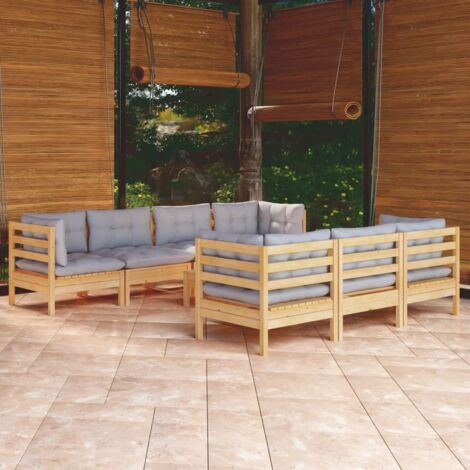 8 pcs Salon de jardin Salon d'extérieur Ensemble Meuble de Jardin Mobilier d'Extérieur avec coussins gris Bois de pin massif XFNRX490281 (1/5)