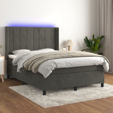 Lit Adulte - Sommier tapissier matelas et LED - Ensemble de lit tapissier - Chambre Intérieur - Gris foncé 140x200 cm Velours DETHB97574 (1/5)