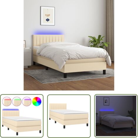 The Living Store Sommier à lattes de lit avec matelas LED Crème 100x200 cm Tissu - Sommier Tapissier - Lit Plateforme - Lit Avec Led - Matelas À Ressorts Ensachés - Têtière Ajustable (1/5)