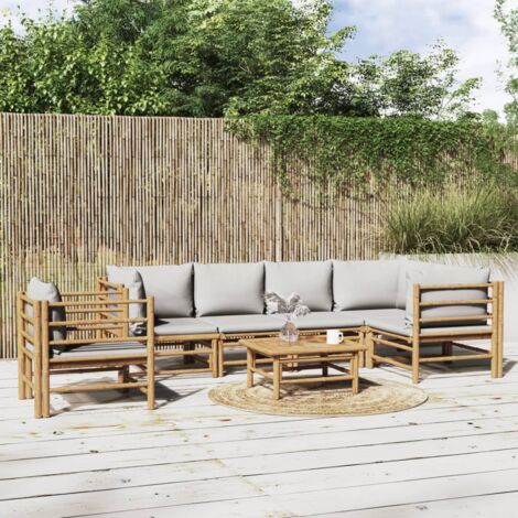 Salon de jardin 7 pcs,Mobilier de terrasse,Table et Chaise pour Relax avec coussins gris clair bambou -YZ560715 (1/5)