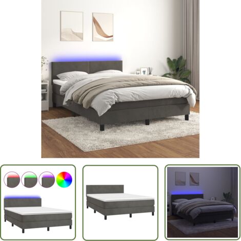The Living Store Sommier à lattes de lit avec matelas LED Gris foncé 140x200 cm - Lit Plateforme - Lit Capitonné - Lit Design - Lit Velours - Lit Avec Éclairage Led (1/5)
