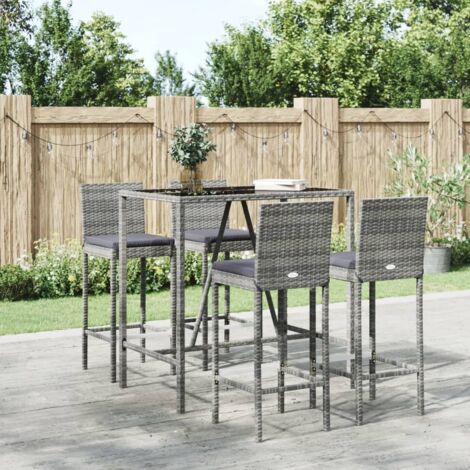5 pcs Ensemble de bar de jardin  Meuble de Jardin/bistro  Ensemble table et chaises avec coussins gris poly rotin DEJDX91872 (1/5)