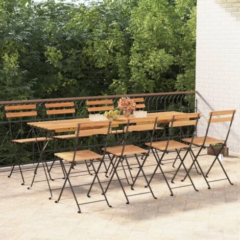 8 pcs Chaises de bistrot pliantes Chaises de café Fauteuil de jardin Bois de teck solide et acier BSRHS928415 (1/5)