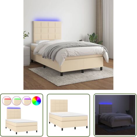 The Living Store Sommier à lattes de lit et matelas et LED Crème 120x200cm Tissu - Sommier Tapissier - Lit Plateforme - Lit Avec Led - Matelas À Ressorts Ensachés - Têtière Ajustable (1/5)