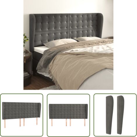 The Living Store Tête de lit avec oreilles Gris foncé 203x23x118/128 cm Velours - Tête De Lit - Literie - Meuble De Chambre - Décoration Chambre - Velours (1/5)