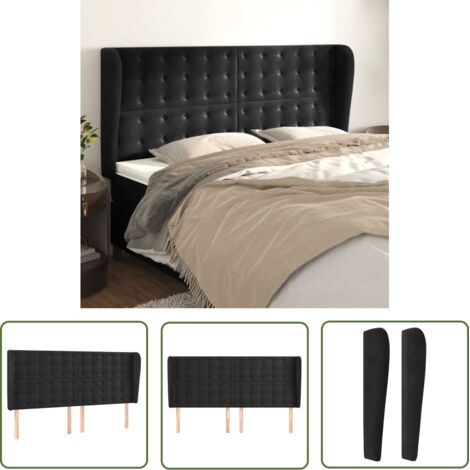 The Living Store Tête de lit avec oreilles Noir 183x23x118/128 cm Velours - Tête De Lit - Literie - Meuble De Chambre - Velours - Tête De Lit Rembourrée (1/5)