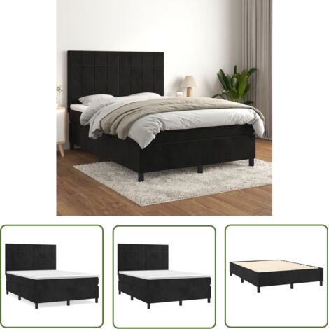 The Living Store Sommier à lattes de lit avec matelas Noir 140x190 cm Velours - Lit Tapissier - Lit Velours - Lit Double - Literie - Chambre À Coucher (1/5)