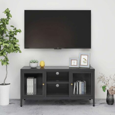 Meuble TV Moderne Banc TV Meuble de Rangement Anthracite 105x35x52 cm Acier et verre XHET26939 (1/5)