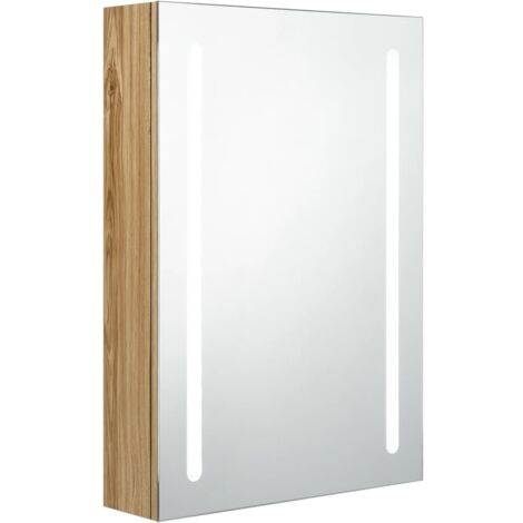 Armoire de salle de bain à miroir LED, Meuble de Rangement, Placard de Rangement Toilettes Chêne 50x13x70 cm MJU38082 BonneVie (1/5)