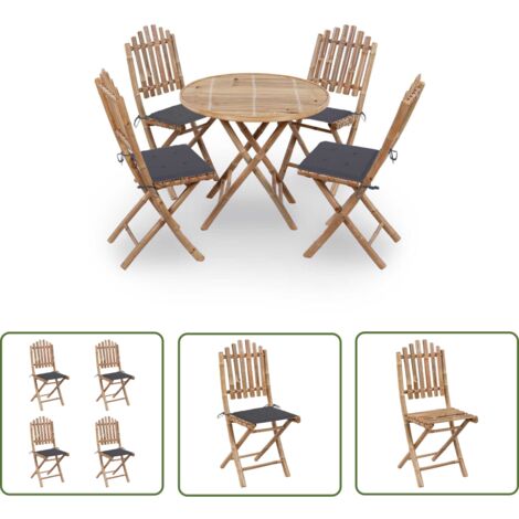 The Living Store Mobilier à dîner d'extérieur pliable 5 pcs avec coussins bambou - Meubles De Jardin - Salon De Jardin - Mobilier Extérieur - Set De Table - Table Pliante (1/5)