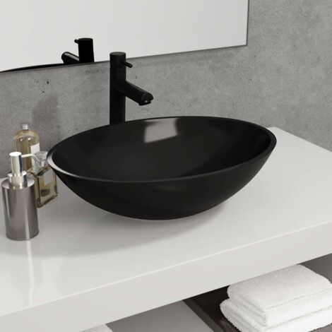 Vasque à poser Lavabo,Bac à laver,Évier pour salle de bain Verre 50x37x14 cm Noir MEMV161566 (1/5)