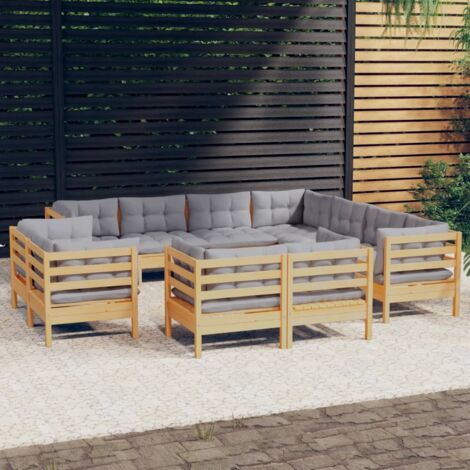 11 pcs Salon de jardin Salon d'extérieur Ensemble Meuble de Jardin Mobilier d'Extérieur avec coussins gris bois de pin solide XFNRX723965 (1/5)