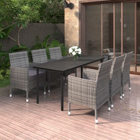 7 pcs Ensemble à dîner de jardin, Mobilier à dîner de jardin, Table et Chaises à Manger et coussins Résine tressée Verre MKPO30284 (1/5)