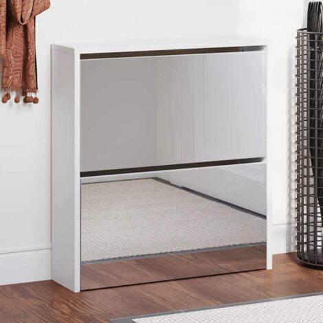 Armoire à chaussures Meuble à chaussures Étagère de rangement miroir 2 niveaux Blanc brillant 63x17x67cm RTJEX960179 (1/5)