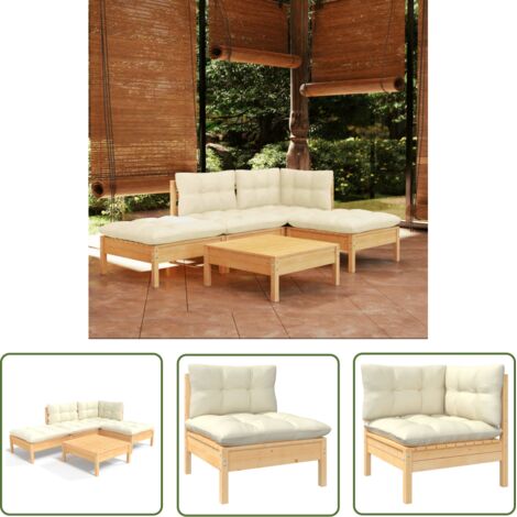 Salon de jardin 5 pcs Contemporain, Ensemble repas de jardin, avec coussins crème Bois de pin OIB6927E (1/5)