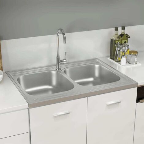 Évier de cuisine à double lavabo,Évier 2 Bacs,Vasque pour cuisine argenté 800x600x155 mm inox MEMV669944 (1/5)