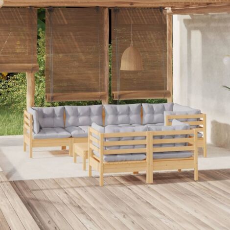 8 pcs Salon de jardin Salon d'extérieur Ensemble Meuble de Jardin Mobilier d'Extérieur avec coussins gris Bois de pin massif XFNRX424776 (1/5)