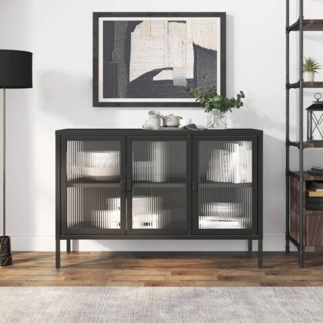 Buffet，Bahut， Meuble de Rangement pour Salon, Bureau noir 105x35x70 cm verre et acier FBV17307 (1/4)