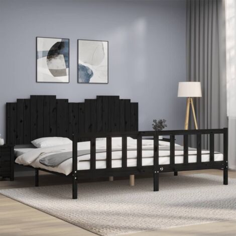 Lit adulte avec tête de lit， Lit double Cadre de lit noir 200x200 cm bois massif MEMV431148 (1/5)