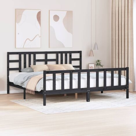 Lit adulte avec tête de lit, Lit double Cadre de lit noir 200x200 cm bois massif MEMV983206 (1/5)