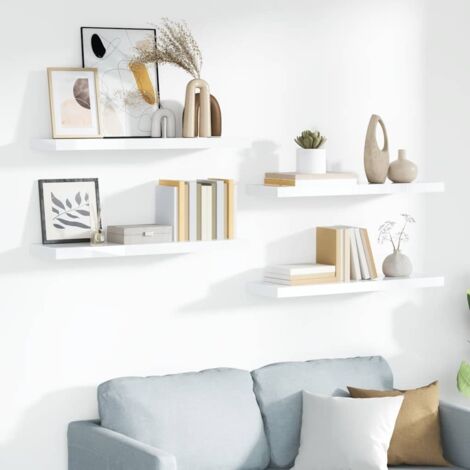 4 pcs Étagère murale flottante Étagère suspendue Blanc brillant 90x23,5x3,8cm MDF BRZH228776 (1/5)