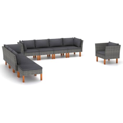 9 pcs Salon de jardin Salon d'extérieur Ensemble Meuble de Jardin Mobilier d'Extérieur Résine tressée et bois d'eucalyptus Gris XFNRX130493 (1/5)