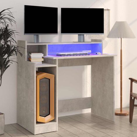 Bureau Bureau d'ordinateur Table Rangement pour Etudier, Jouer, Travailler et lumières LED Gris béton 97x45x90 cm Bois d'ingénierie BZRNR523461 (1/5)