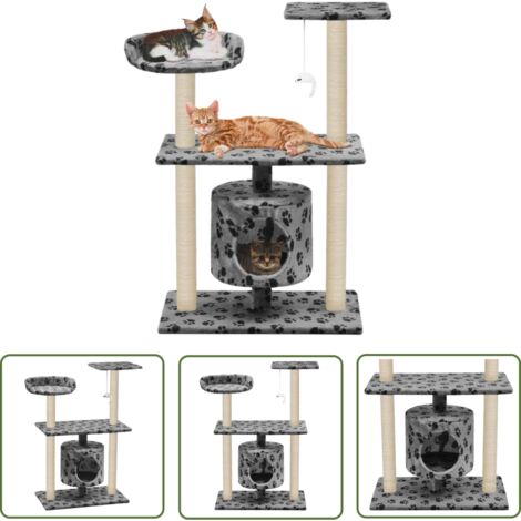 The Living Store Arbre à chat avec griffoir en sisal 95 cm Gris Motif de pattes - Arbre À Chat - Maison Pour Chat - Jouets Pour Chat - Griffoir Sisal - Plateforme Chat (1/5)