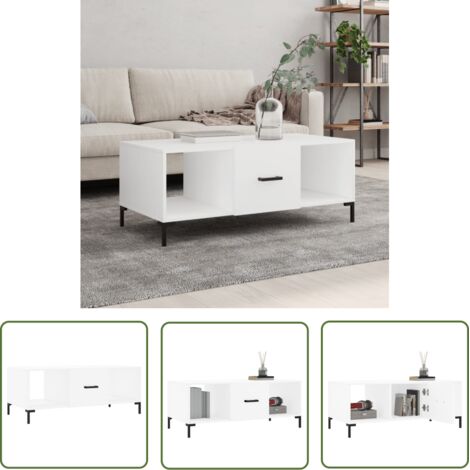 The Living Store Table basse blanc 102x50x40 cm bois d'ingénierie - Table Basse Blanche - Meuble Salon - Table D'appoint - Rangement Tiroir - Design Moderne (1/5)