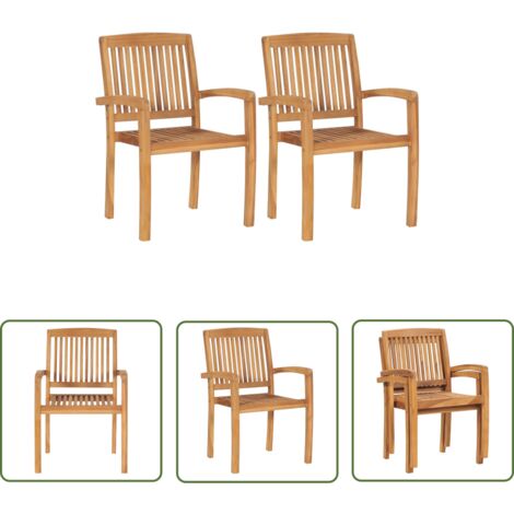 The Living Store Chaises empilables à manger de jardin lot de 2 Bois teck solide - Chaise De Jardin - Chaise Empilable - Mobilier De Jardin - Teck - Meuble Extérieur (1/5)