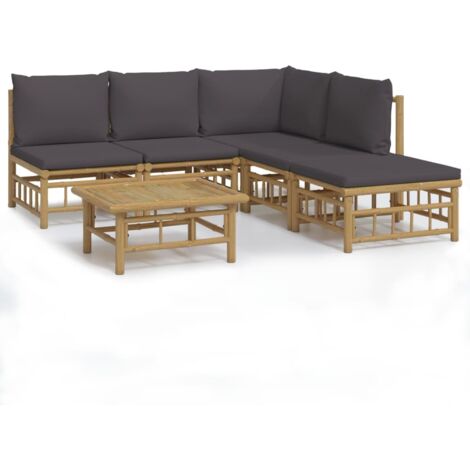 6 pcs Salon de jardin, Ensemble table et chaises de jardin, Meuble de jardin avec coussins gris foncé bambou MKW954866 (1/5)
